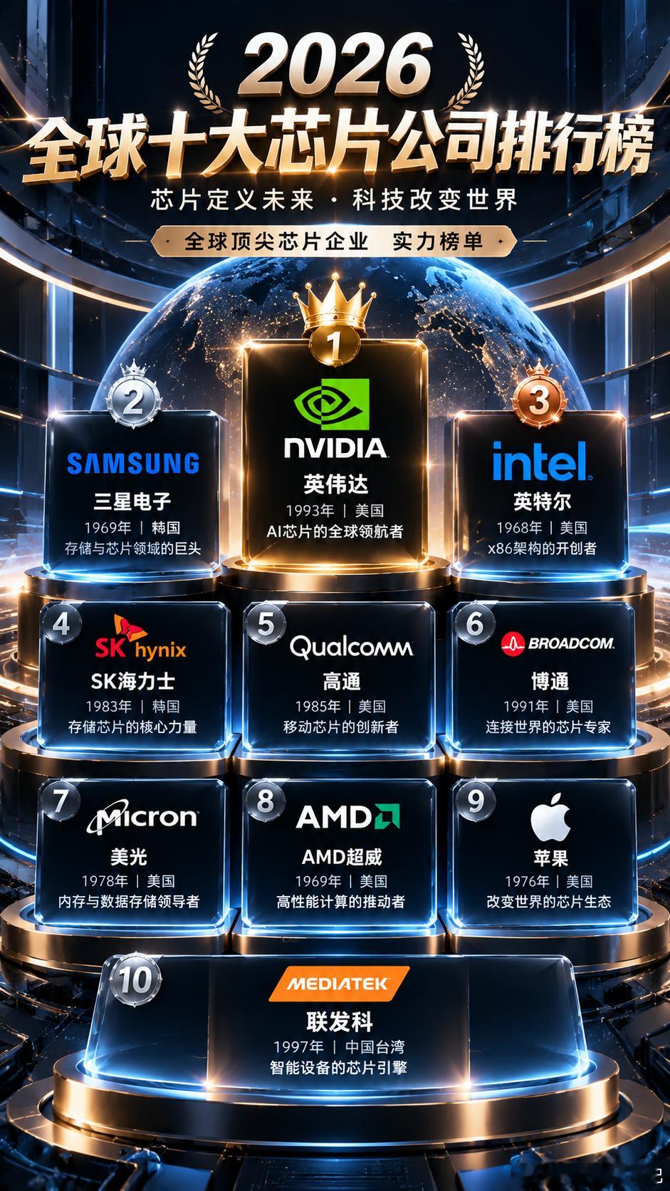 2026 全球十大芯片公司榜单｜看完才懂我们手机电脑里的芯片都是谁造的🔥
平时刷手机、玩电脑，总听到芯片这个词，很多人分不清各家芯片品牌，今天整理这份全球十大芯片企业排行榜，普通人也能看懂！

第一名英伟达，现在 AI 芯片领域的领头羊，不管是 AI 大模型还是高端游戏显卡基本都离不开它。
第 ​