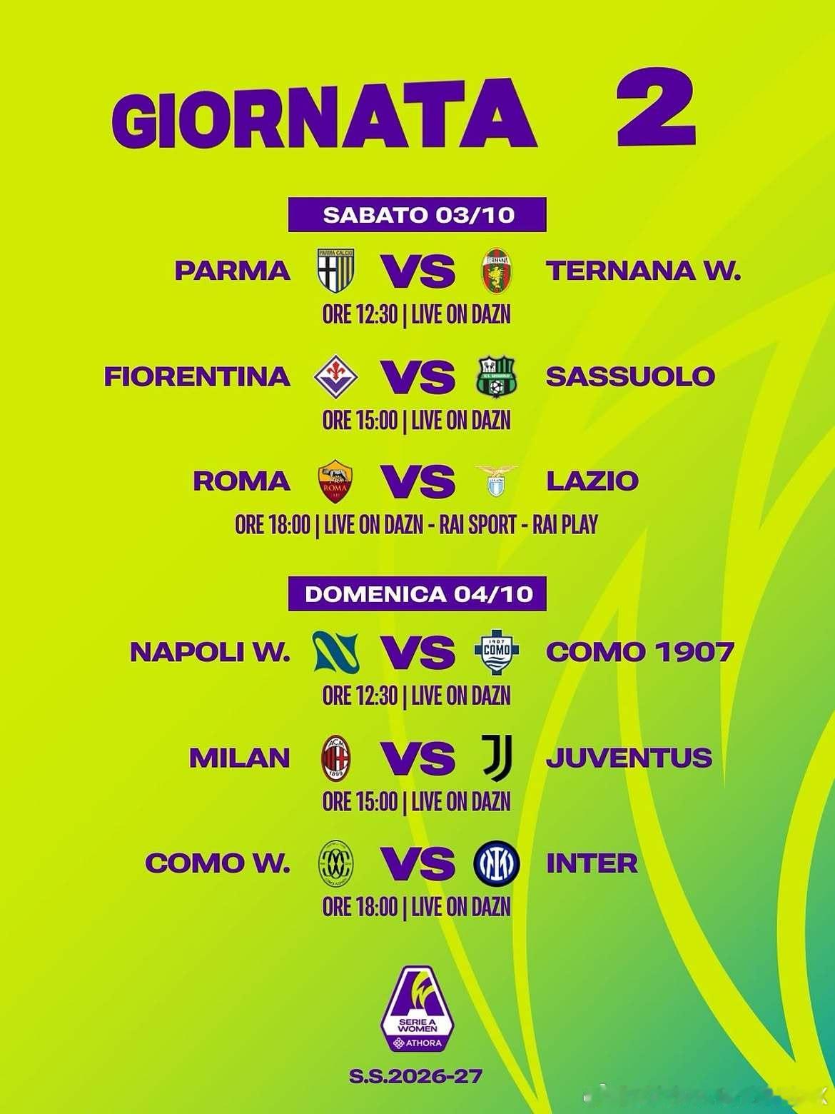#CalcioFemminile[超话]#  26/27 意女甲第2轮比赛 🔜
CST

10月3日（周六）18:30  
帕尔玛女足 VS 特尔纳纳女足  
📺 DAZN

10月3日（周六）21:00  
佛罗伦萨女足 VS 萨索洛女足  
📺 DAZN

10月4日（周日）00:00  
罗马女足 VS 拉齐奥女足  
📺 DAZN、RAI Sport、RAI Play

10月4日（周日）18 ​
