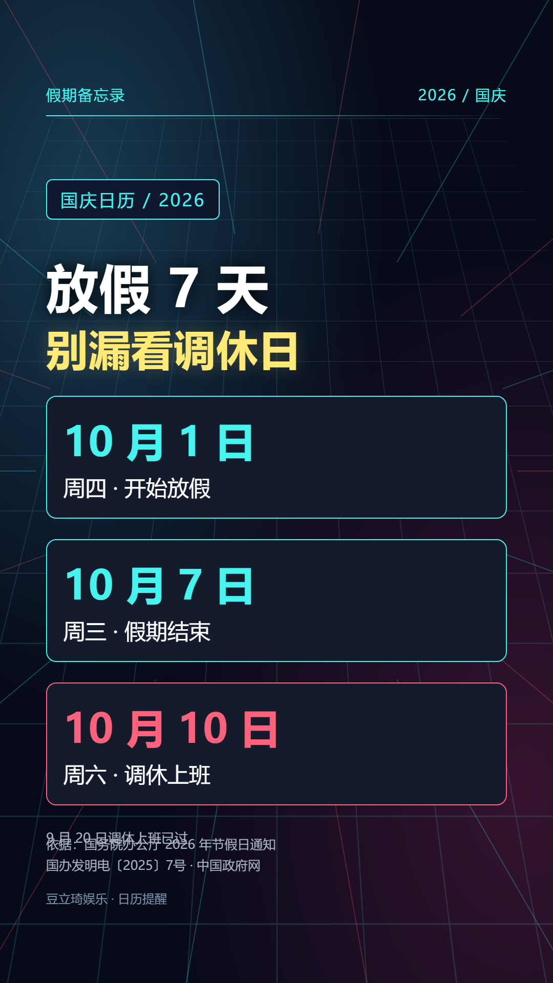 今天把国庆日历整理成了一张图：10月1日至7日放假，10月10日周六上班。假期有7天，但返程别只想着“周末再缓一缓”，先把调休日记好。你会把返程安排在最后一天，还是提前一天回家？

日期依据：国务院办公厅2026年节假日安排通知（国办发明电〔2025〕7号）。