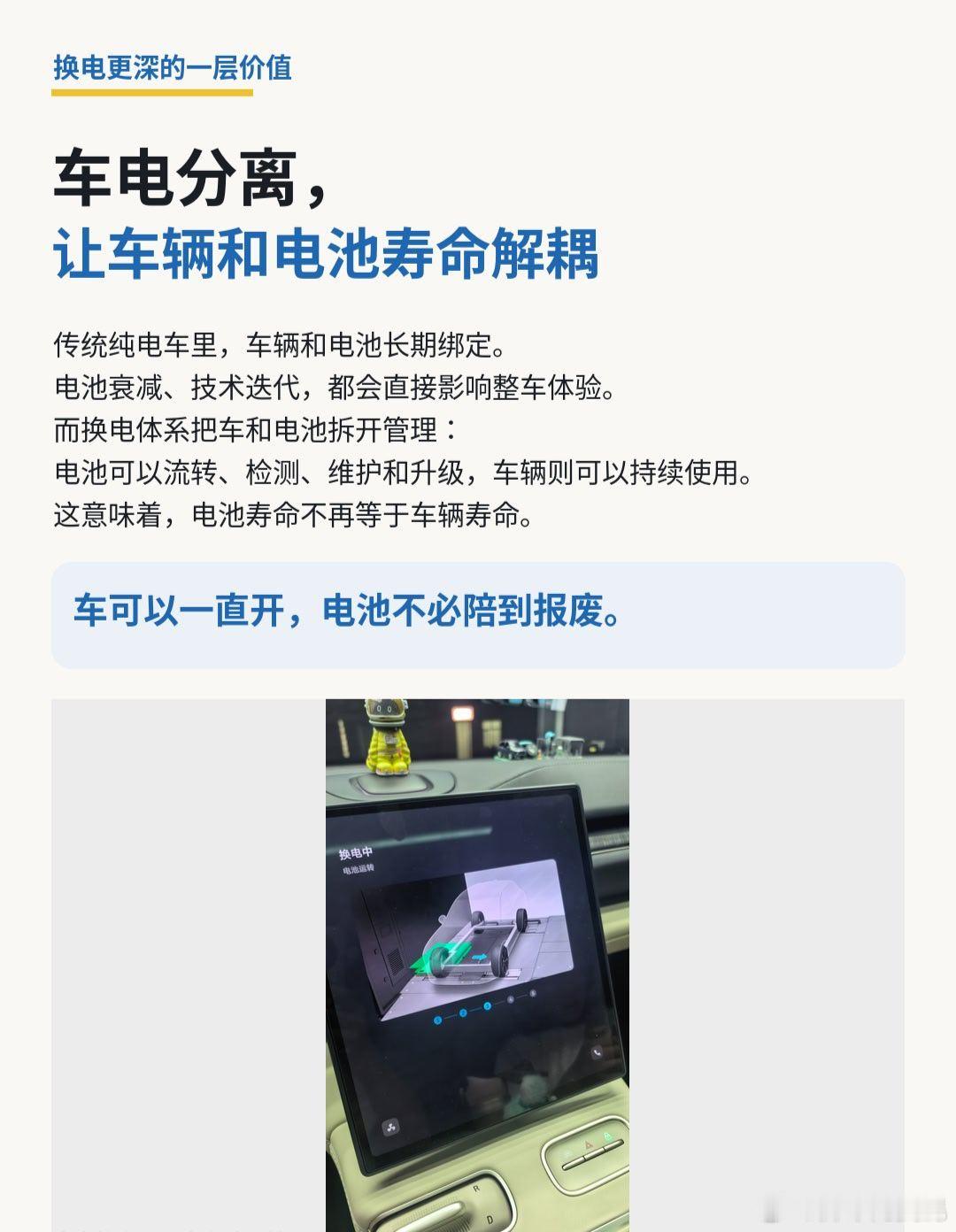 换电的价值，真的不只是3分钟
很多人第一次知道蔚来换电，记住的都是“快”——开进换电站，不用下车，几分钟换好一块电池，然后继续出发。
但真正用久了之后，会发现，换电最舒服的地方其实不是单纯省了几分钟，而是补能这件事变得更确定了。平时开车不用总惦记去哪充、要不要排队、还得等多久，路上 ​