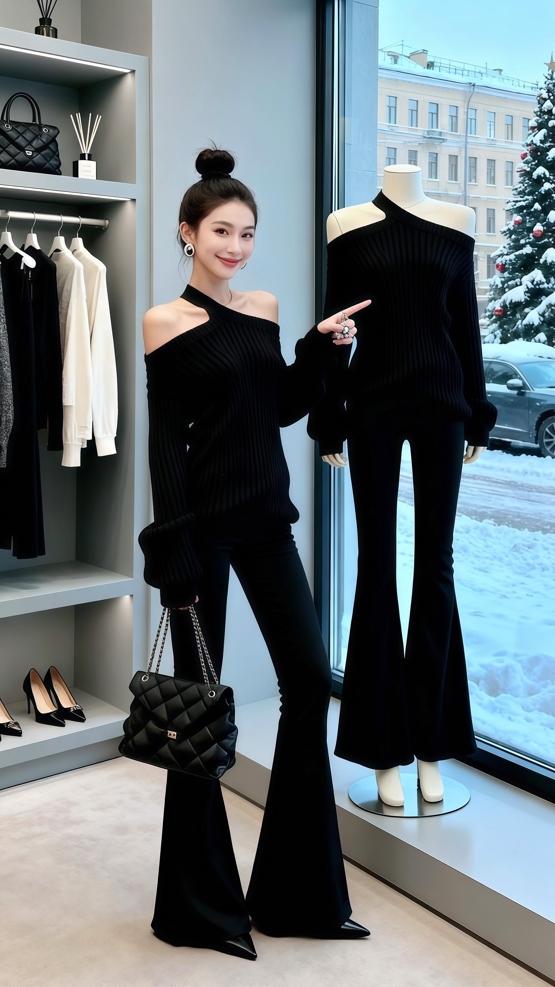 雪天里的酷飒黑系穿搭！许妍一身斜肩露肩毛衣小露性感，坑条纹理显质感，喇...