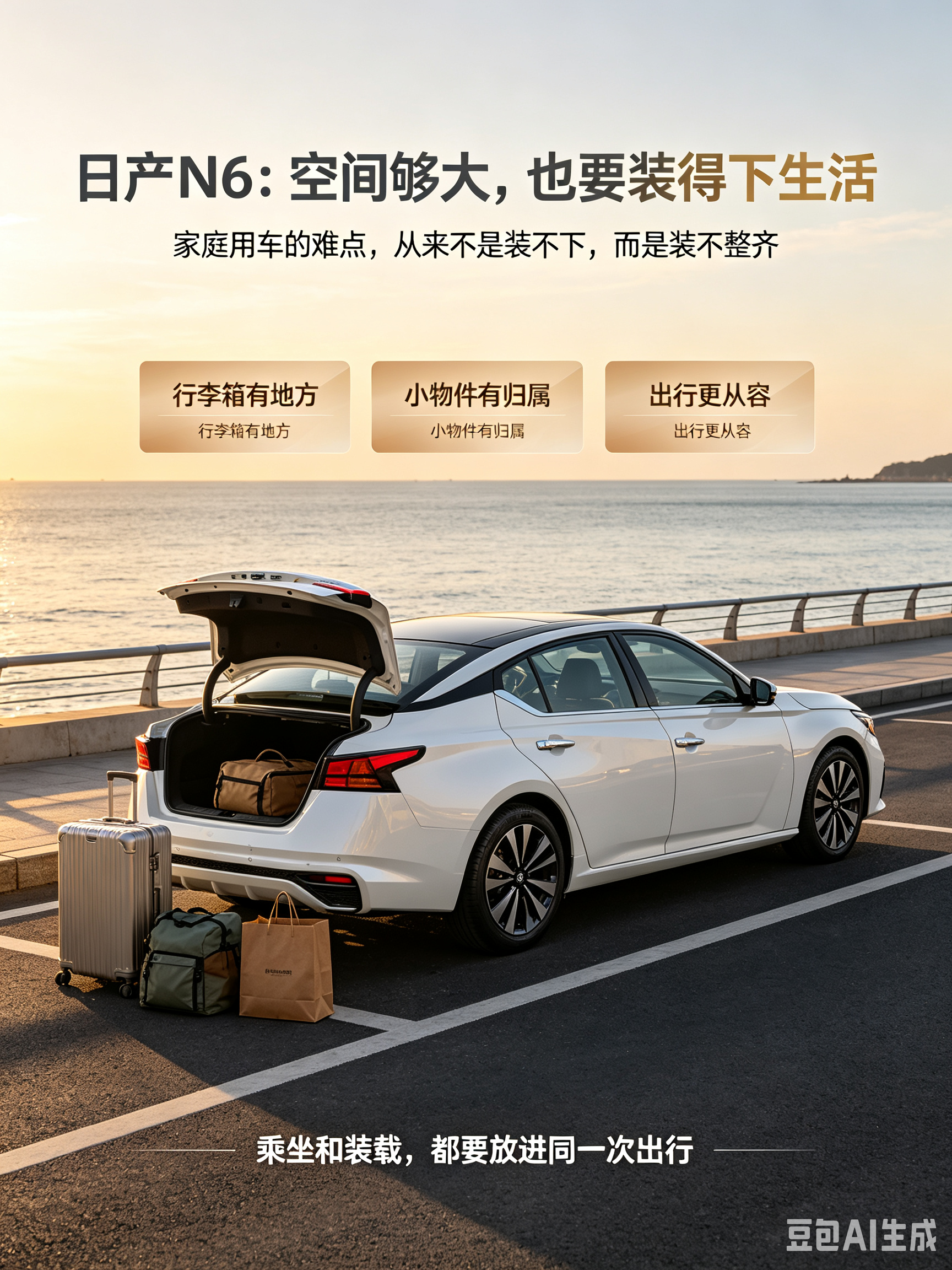 日产 N6 的空间不只是乘坐，日常装载也被经常提到。
后备箱要放行李，车内还要收纳水杯、手机、雨伞等小物件，这让空间判断更接近真实家用。
大白话讲，真正好用的车，不是某一处特别大，而是人和东西都能各归各位【来自懂车帝车友圈】