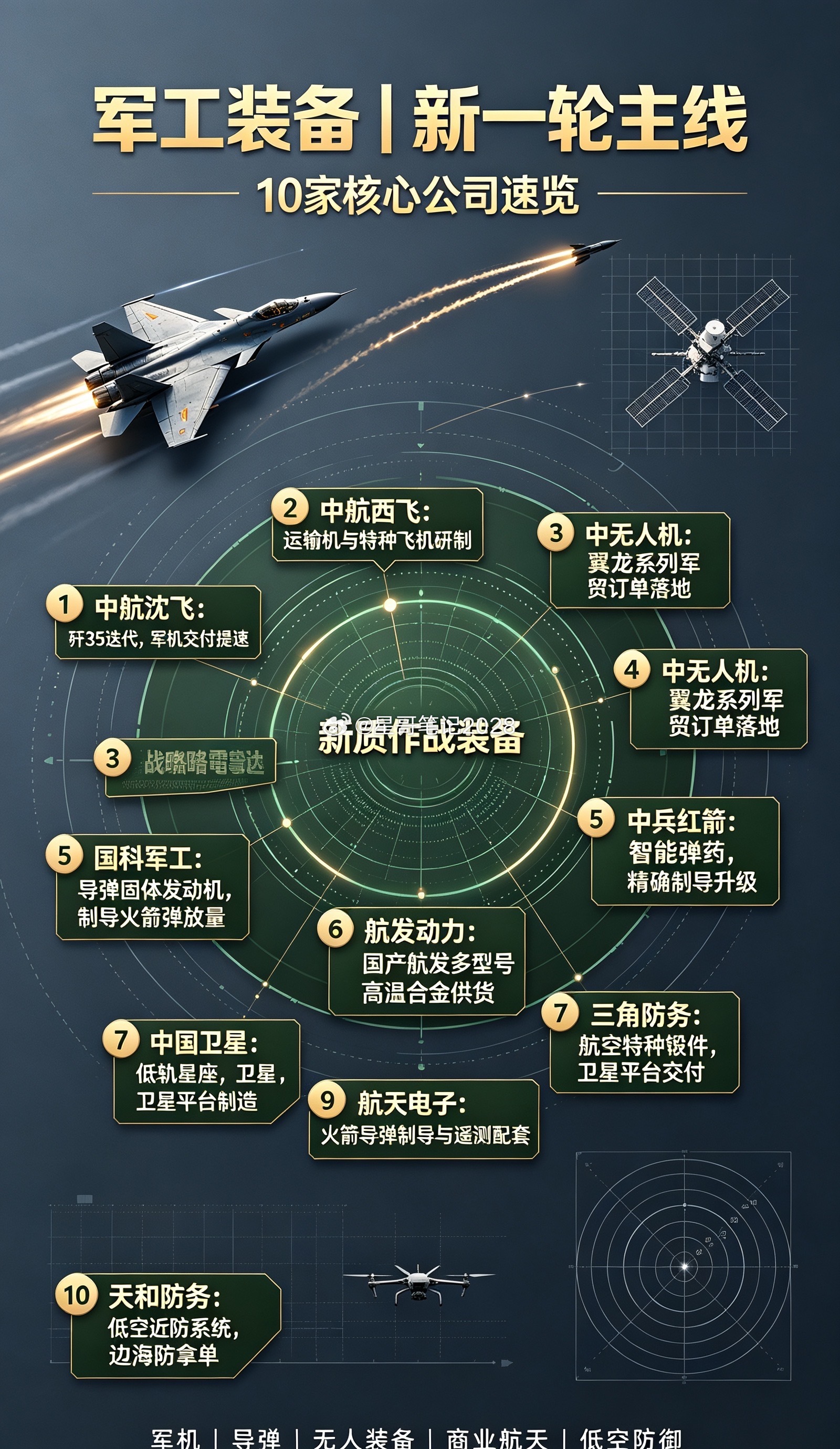 🔥军工装备最新爆发！10家有新进展核心龙头！

兄弟们！军工现在完全是全新逻辑！
不再是老套路炒作，而是新质装备集中放量、军机导弹全面迭代、军贸订单疯狂落地！
叠加十五五装备采购稳步推进、低空经济+商业航天全面爆发，军工新一轮主升浪已经启动！
整理10家最新有实质性进展的核心公司，全是真 ​