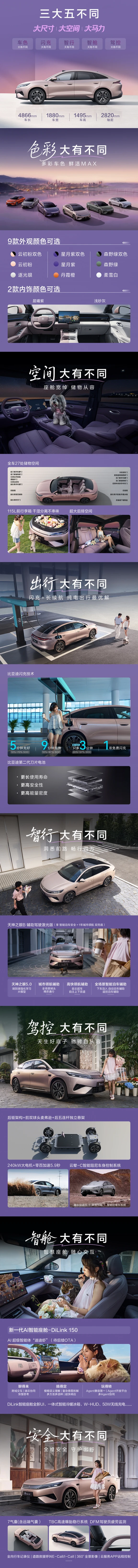 比亚迪十万级杀手锏：秦MAX来了，亮点抢先看！
比亚迪秦MAX正式官宣，定位为秦家族的“超大杯”B级闪充轿车，预计8月上市，继续冲击B级家轿市场。
	
一、车型定位
📌秦MAX是比亚迪王朝网全新B级轿车，在秦家族中定位高于秦L，被称为“大秦”或“小汉子”，官方称其为“年轻人的第一台B级闪充车”，主攻12-15万元区间，精准卡位秦L与汉之间。不过，有消息称秦L即将停产，清完库存后将由秦MAX接替其位置。
	
二、尺寸与外观
🚗车身长宽高分别为4866mm×1880mm×1495mm，轴距2820mm。外观采用比亚迪“龙颜美学”设计，车头低趴俯冲，半隐藏式门把手，整体设计年轻动感，侧面线条酷似小号汉。提供隐私玻璃、全景天幕、激光雷达、多款轮圈等选装件。
	
三、动力与续航
🛞提供插混（DM-i）和纯电（EV）两种动力形式。
	
◉ 插混版搭载第五代DM-i技术，配备25.287kWh或34.275kWh刀片电池，WLTC纯电续航170km/230km（折合CLTC约220km/3...