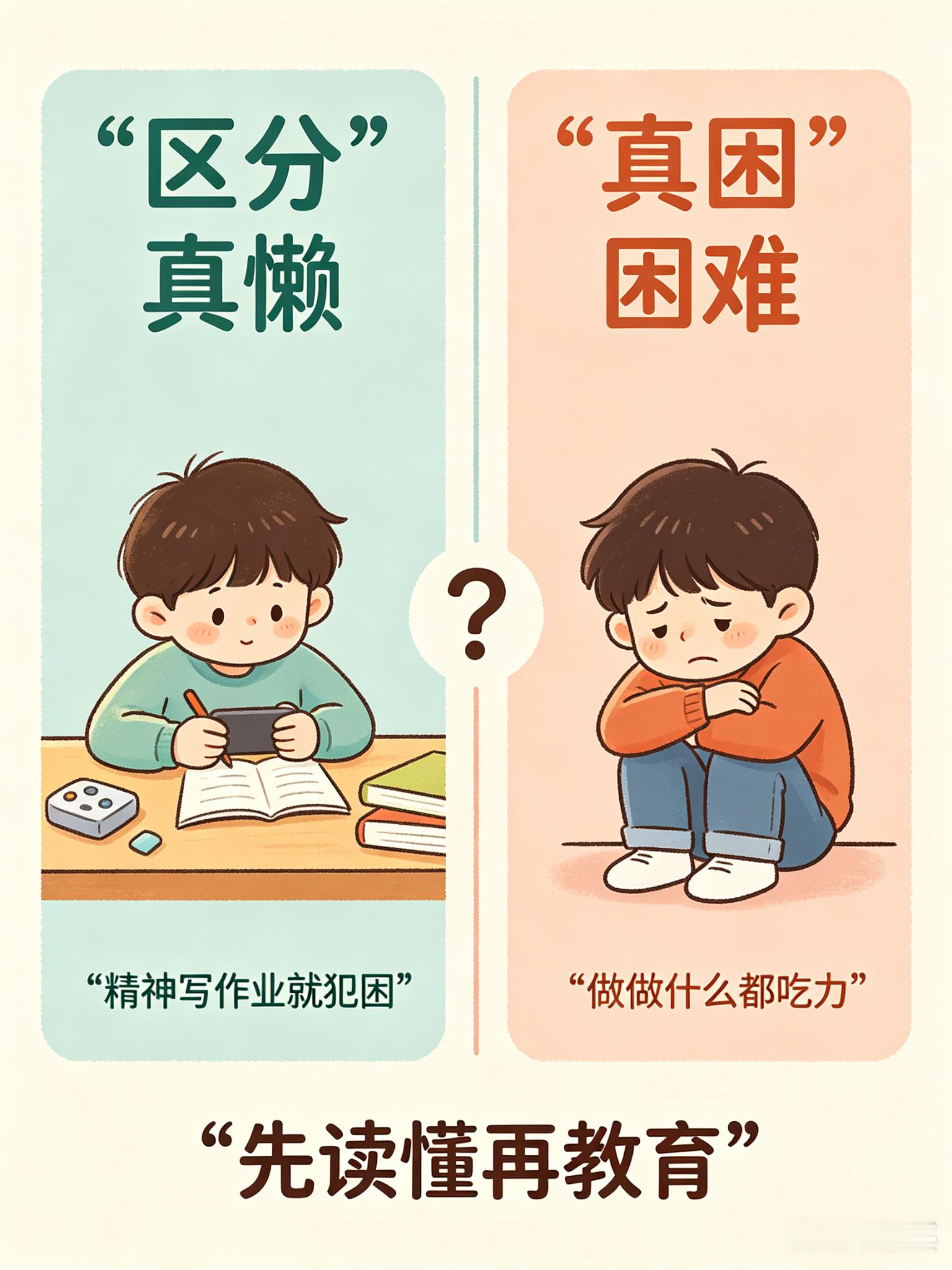 【孩子学不好，真不是懒】每次考完试，家长最常说的一句话就是："你就是懒，不肯用功。"但儿童心理专家提醒：很多学习困难的孩子，背后不是态度问题，是认知结构不均衡，甚至是多动症、特定学习困难等神经发育问题。给孩子贴"懒"标签，可能耽误了真正需要帮助的人。一、怎么区分"真懒"和"真困难"？1. 真懒的孩子：玩游戏能专注两小时，一写作业就磨蹭，说明注意力没问题，是动机问题。2. 真困难的孩子：做什么都吃力，阅读跳行漏字、计算反复出错、写字歪歪扭扭，努力了也跟不上。二、怀疑孩子有学习困难，怎么办？1. 别自己瞎判断，去正规医院的儿童心理科或发育行为科做标准化评估，比如韦氏儿童智力量表。2. 评估不是给孩子"贴病号标签"，是搞清楚他的优势和短板在哪里，才能针对性地帮。三、不管是懒还是困难，批评都没用。懒的孩子需要找到学习动机和成就感，有困难的孩子需要科学干预。先读懂孩子，再谈教育，这才是负责任的家长。家庭教育朗爸潘小强学习困难儿童心理朗爸潘小强育儿手记