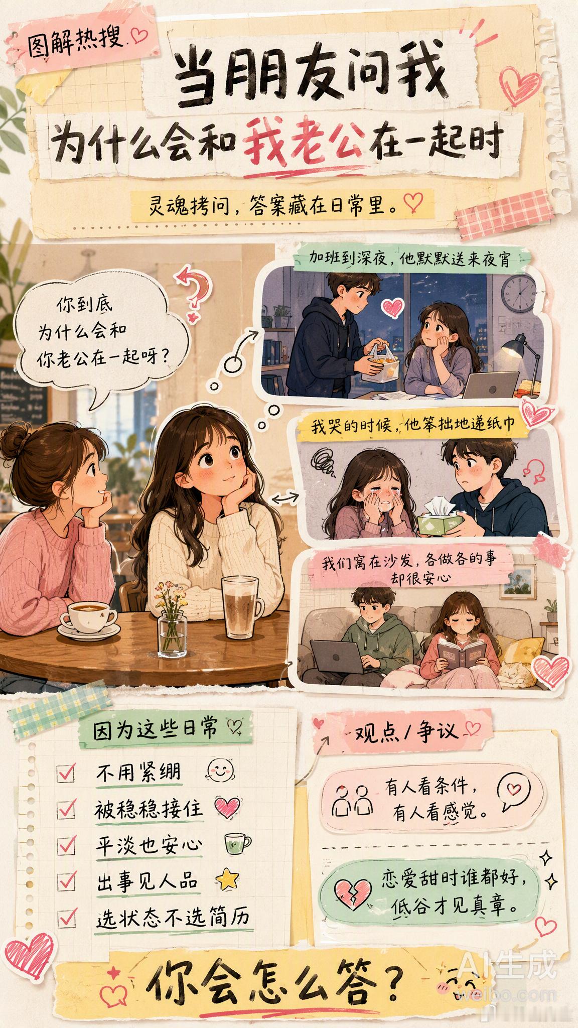 当朋友问我为什么会和我老公在一起时这个问题，乍一听像是八卦，细想其实是灵魂拷问。很多人以为答案会是「他条件好」「对我好」「长得帅」……但真正让人决定走下去的，往往是那些说不清的瞬间：· 和他在一起不用紧绷，能长舒一口气· 小缺点和脆弱面都能被稳稳接住· 平淡日子里，觉得“被爱着”这件事很确定见过不少婚姻，开局条件拉满，结局一地鸡毛。恋爱甜的时候，谁都会对你好；真正考验人的，是利益冲突时他会不会翻脸，低谷时他愿不愿意为“我们”承担成本。所以啊，选伴侣不是选简历，是选一种“在一起的状态”。你呢？如果朋友问你这个问题，你会怎么答？情感热点创作激励计划情感态度表达