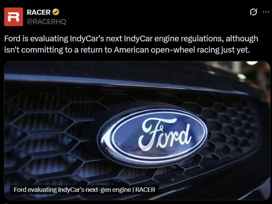 福特正在评估是否回归Indycar，一旦成功，福特便是同时征战跑圈界最高级别的三大赛事，F1，Indycar与WEC Hypercar组别。上一个这么干的，也是福特，不过是在80年代（通用勉强算吧，不过不同品牌） ​