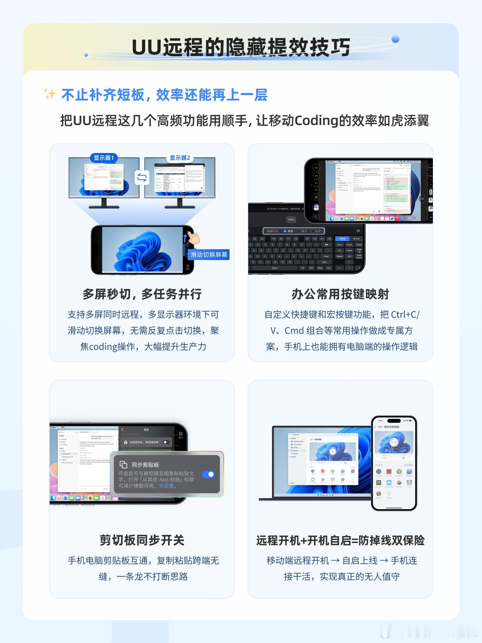 Codex移动端写代码频频翻车？原来是少了它
谁懂在手机上用 Codex 的痛😭
登录过期要扫码、滑块人机验证、网页没法预览，多软件协同不方便。
试试 Codex + UU 远程 这套组合！
手机接管完整电脑桌面，扫码过验证、切窗口、预览效果一机搞定。AI 负责生成代码，UU远程远程监控，兜底突发问题，外出也能 ​