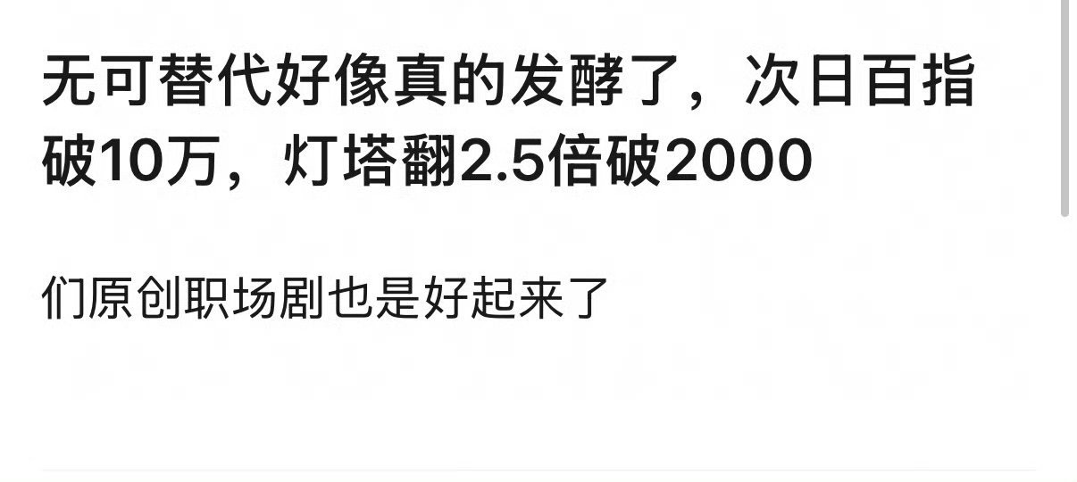 #无可替代次日云合翻倍#开播次日云合正片有效播放市占率直接翻倍，从首日3%上涨至7.6%，涨幅约2.5倍，热度曲线一路向上，灯塔数据同样同步大涨，首日796.8，次日突破2000。[努力][努力] ​