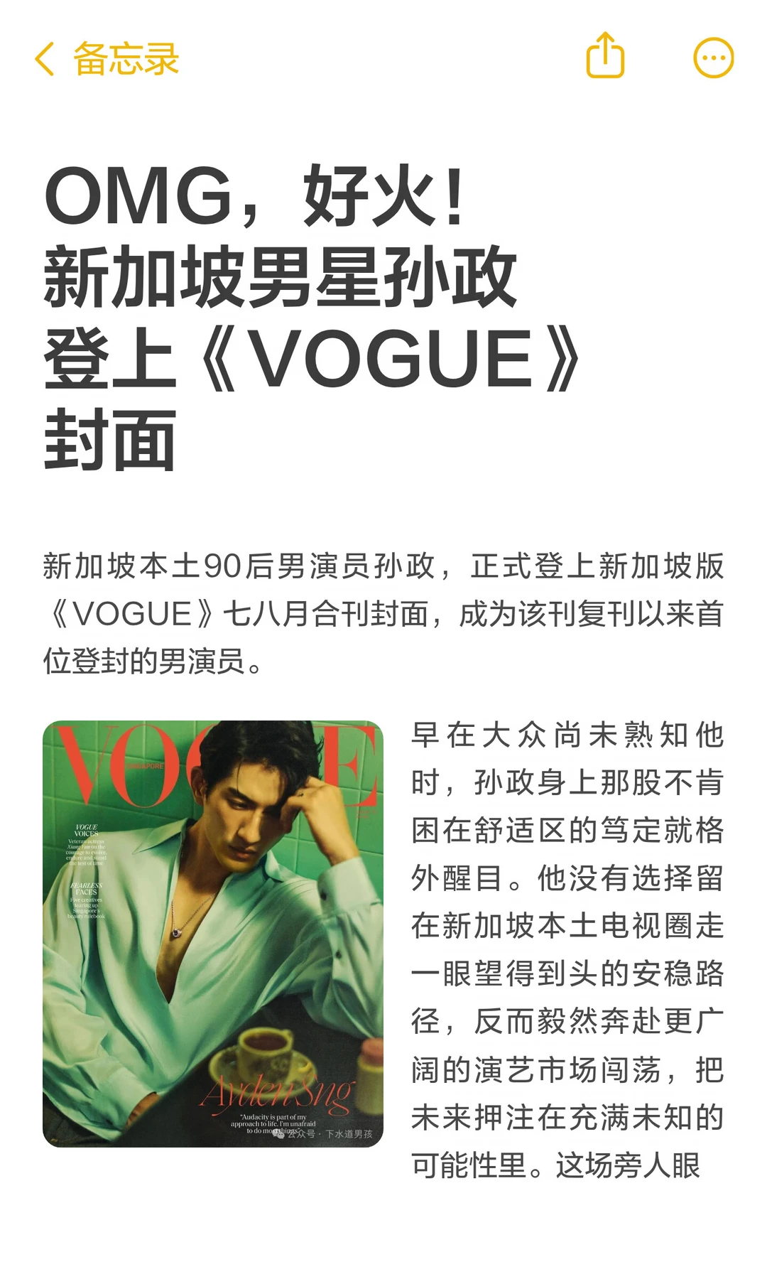 OMG，好火！新加坡男星孙政登上《VOGUE》封面