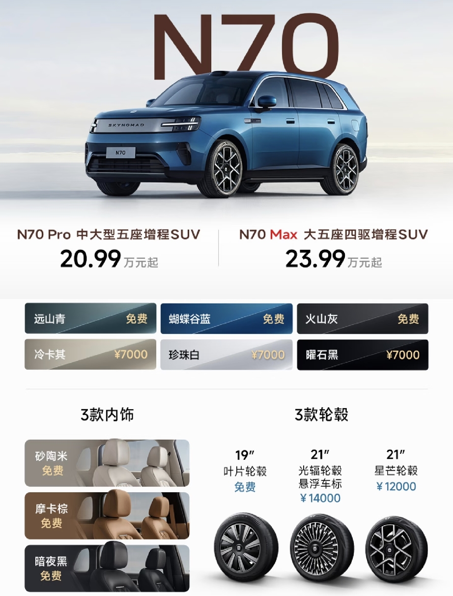 不得不说，小米是真的知道买家的刚需热点是什么。小米澎程N70，大五座增程SUV，大空间+大电池击中了好多人的购车需求。
轴距2950mm，二排带超长滑轨，空间玩法很多。后排可以往后滑得特别宽敞，也能往前挪扩大后备箱，还能切换大床、会客厅模式，露营、午休很实用。
动力有后驱、四驱可选，Max版纯电续航