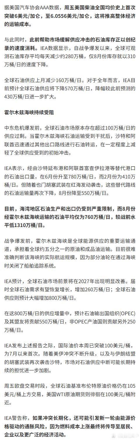 #全球石油供应恢复或延至2027年# 【中东冲突持续升级！IEA警告：全球石油供应恢复或延至明年】财联社9月11日讯，当地时间周五，国际能源署(IEA)在其备受关注的月度报告中表示，随着海湾地区航运遭袭事件不断升级，以及也门胡塞武装持续威胁红海航运，中东地区石油运输通道持续承压，全球石油供应恢复进 ​