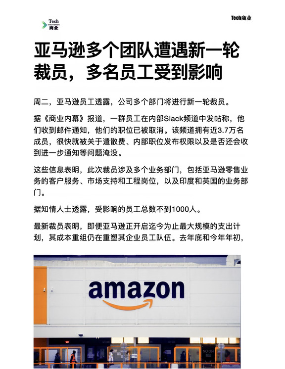 亚马逊公司多个团队遭遇新一轮裁员