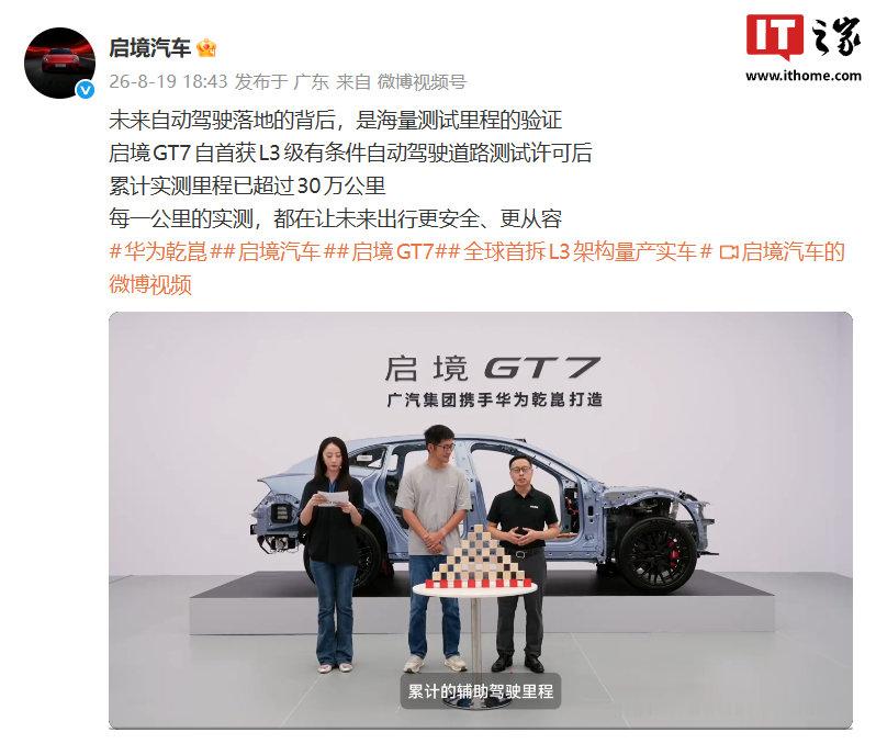 【启境汽车：GT7 自首获 L3 级有条件自动驾驶道路测试许可后，累计实测里程已超过 30 万公里】启境汽车官方今日发文，称未来自动驾驶落地的背后，是海量测试里程的验证。启境汽车官方还宣布，启境 GT7 自首获 L3 级有条件自动驾驶道路测试许可后，累计实测里程已超过 30 万公里。#华为乾崑# #启境汽车# ​