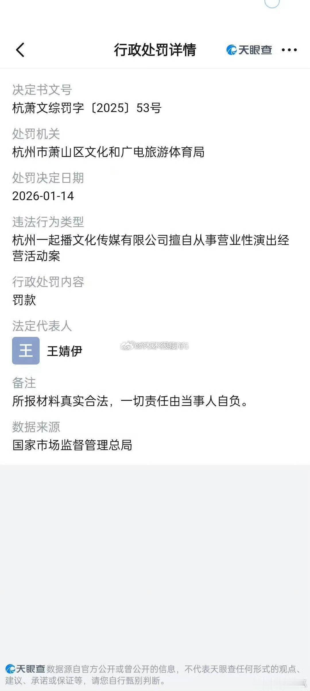 #小伊伊公司被罚1.2万#网红第一个骂粉被罚款的：

国家市场监督总局公布：牌牌琦公司因虚假宣传和骂粉丝罚款1.2万元。
公司法定代表人：王婧伊（小伊伊） #牌牌琦公司被罚1.2万# ​
