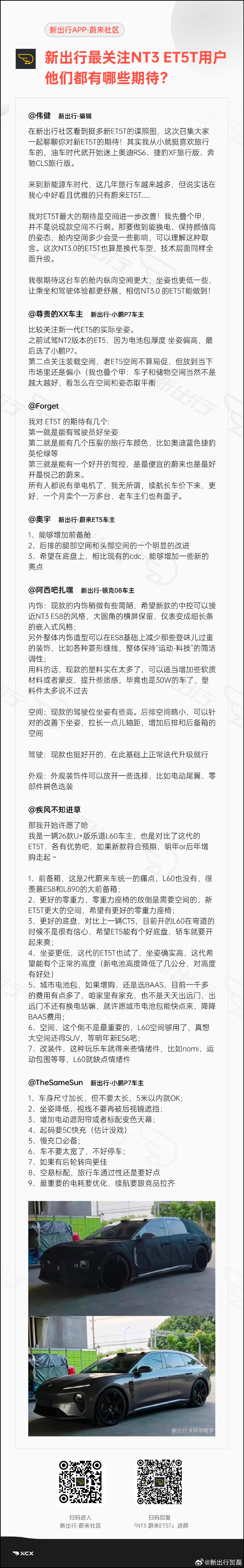 🔥NT3 蔚来ET5T｜看看大家都在期待什么！
新出行社区收集了大量车友对新一代 ET5T 真实心愿，整理成这份汇总长图👇

你对 NT3 ET5T 最大的期待是哪一点？
欢迎在新出行APP-蔚来社区原帖下，聊聊你的想法，和社区朋友一起蹲守 NIODay 新车亮相✨ ​