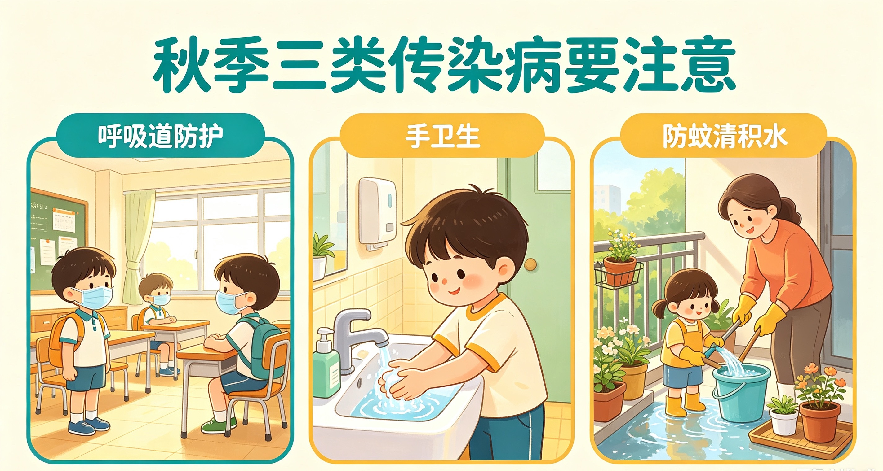 #开学健康第一课##开学第一课#
夏末初秋昼夜温差大、气温忽冷忽热，再加上开学后校园孩子集中、人员密集，空气流通有限，正是各类传染病的高发阶段。做好秋季防病防护，家长和学校一定要重点留意！

一、秋季校园高发三类传染病

1. 呼吸道传染病
常见的有流感、新冠、水痘、腮腺炎、麻疹、风疹、百日 ​