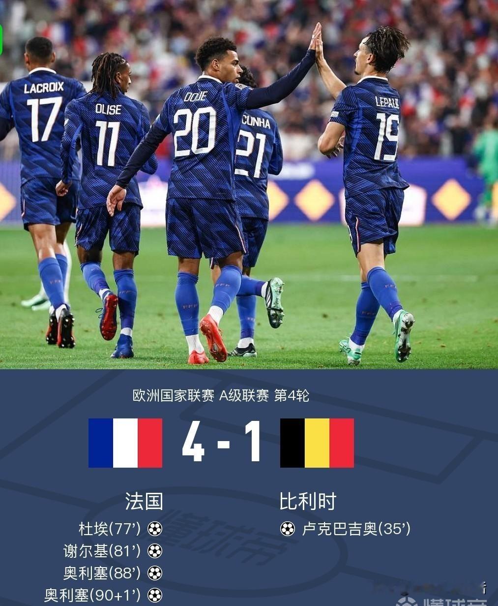 看完欧国联法国4-1逆转比利时的比赛，不得不承认以下几个事实:

1.齐达内:换人堪称教科书级，第60分钟时的换人调整成为比赛的胜负手。齐达内这场最关键的决策是第60分钟的三连换——奥利塞、谢尔基、达库尼亚同时登场，一次性换掉阿克利乌什、登贝莱和科内。

2.奥利塞：满分10分，齐达内手下的&