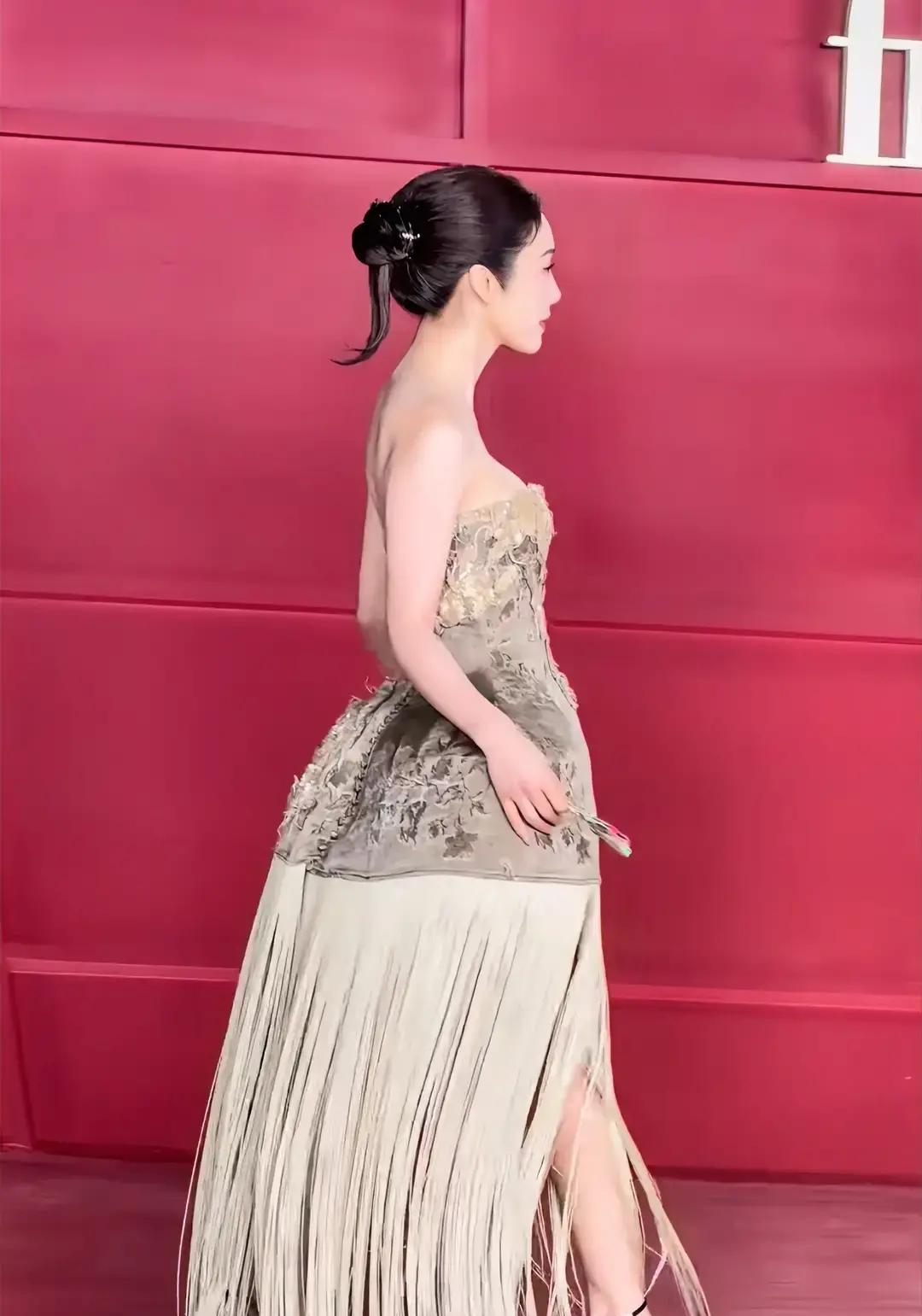 蔡文静这次红毯真是让人看得干着急，脸明明挑不出毛病，硬是被一条裙子困住了手脚。
精修图里氛围感直接封神，看着仙气飘飘。
可镜头一转到现场动态，底下密密麻麻的长流苏全堆在脚踝周围，每迈出一步都像在踩雷，生怕把自己绊个跟头。
红毯向来是看动态身段的地方，不是照相馆的定点摆拍。
女明星穿这种衣服上