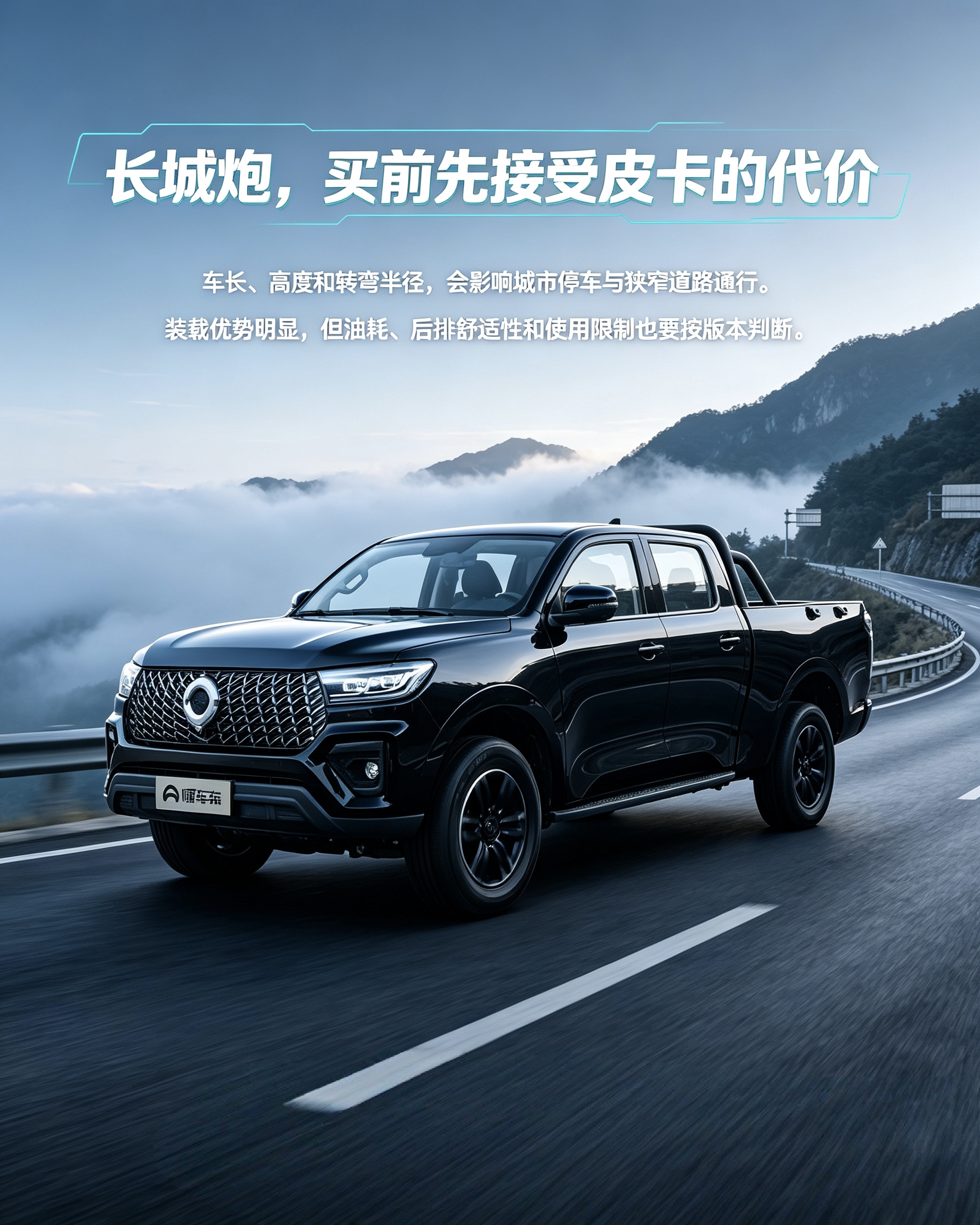 长城炮
想买长城炮，得先接受皮卡带来的限制。车身长、转弯半径大，在城里停车、小路会车都不方便。拉货装载能力很强，但油耗、后排舒适度以及部分城市限行，选之前都要按版本了解清楚。【来自懂车帝车友圈】