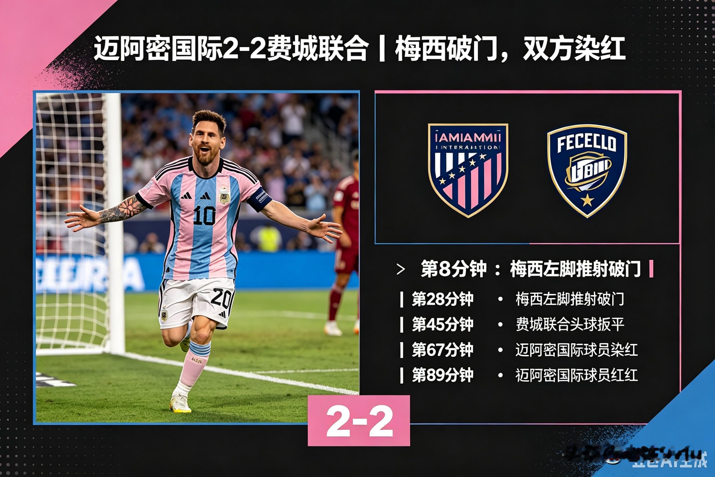 ⚽迈阿密国际2‑2费城联合｜梅西破门，双方染红，迈阿密4场不胜 
 
美职联常规赛第20轮，迈阿密国际客场2‑2战平费城联合，全场剧情跌宕起伏，补时爆发冲突，各领一张红牌，迈阿密各项赛事连续4场拿不到胜利。