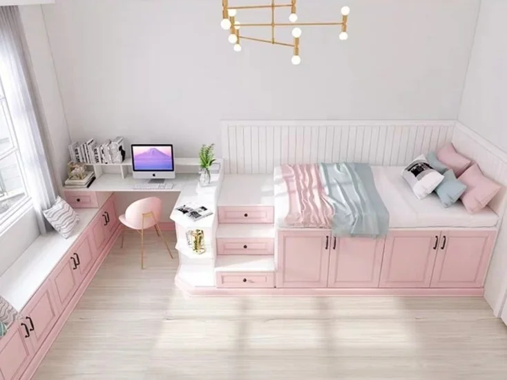 15㎡少女心榻榻米房🎀飘窗衣柜书桌柜