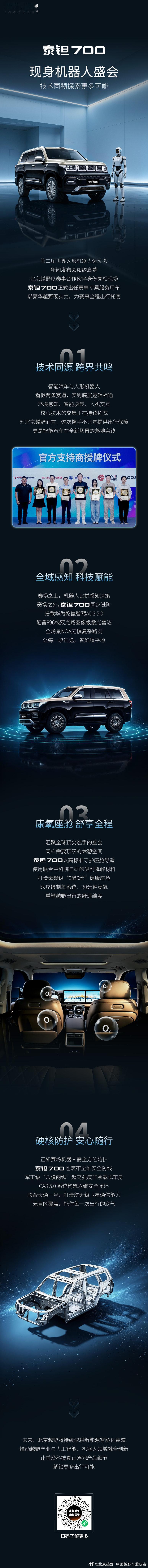 第二届世界人形机器人运动会新闻发布会如约启幕
北京越野以赛事合作伙伴身份亮相现场
泰钽700正式出任赛事专属服务用车
以豪华越野硬实力，为赛事全程出行托底
#北京越野##泰钽700##泰钽700重新定义豪华越野SUV# ​