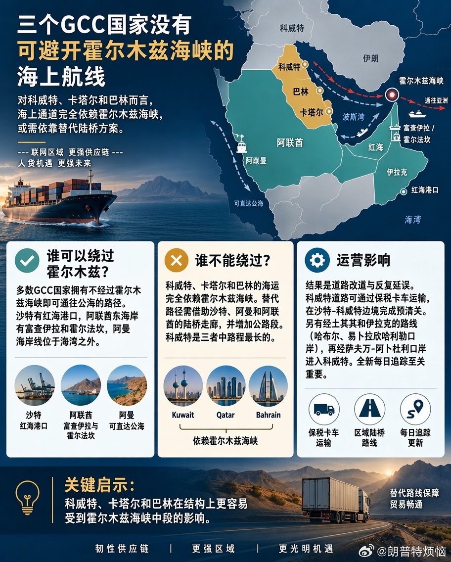 霍尔木兹是可选通道，还是唯一海上出口？
在海湾合作委员会（GCC）六国中，沙特、阿联酋和阿曼拥有绕开霍尔木兹海峡直达公海的路径：沙特依托红海港口，阿联酋依靠东海岸的富查伊拉与霍尔法坎，阿曼海岸线本身就位于海湾之外。而科威特、卡塔尔和巴林则完全不同。它们的海运出口几乎全部依赖霍尔木兹海 ​