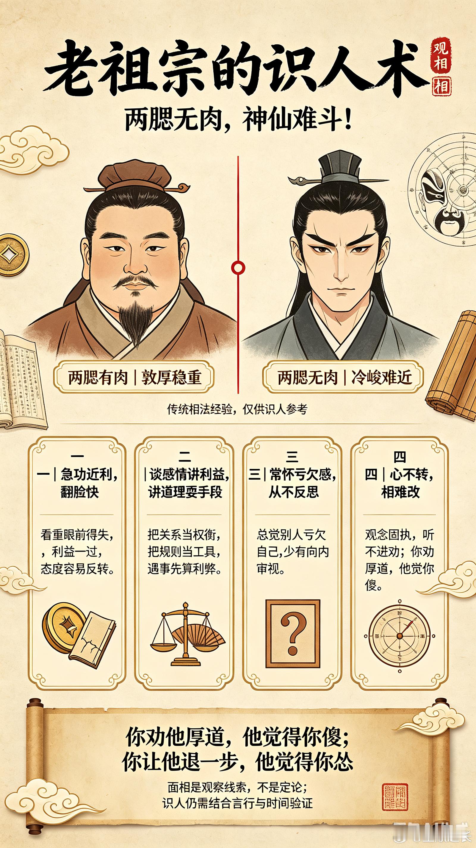 老祖宗的识人术｜两腮无肉，神仙难斗！两腮，就是脸颊两侧。有肉的人，看着敦厚稳重，靠谱指数+1；无肉的人，侧面看像被刀削过，自带一股“不好惹”的气场。古话说“两腮无肉”，往往和“反骨”“寡情”挂钩。倒不是绝对，但这种人通常：✅ 做事急功近利，翻脸比翻书快✅ 谈感情时他谈利益，讲道理时他耍手段✅ 总觉得全世界欠他的，从不反思自己为什么说“神仙难斗”？因为心不转，面相就改不了。你劝他厚道，他觉得你傻；你让他退一步，他觉得你怂。这种人，谁也渡不了。