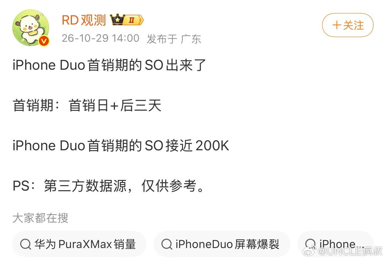 作为苹果第一款折叠屏手机

参考同行，这个成绩怎么样？

#iPhoneDuo国内首销销量曝光# ​