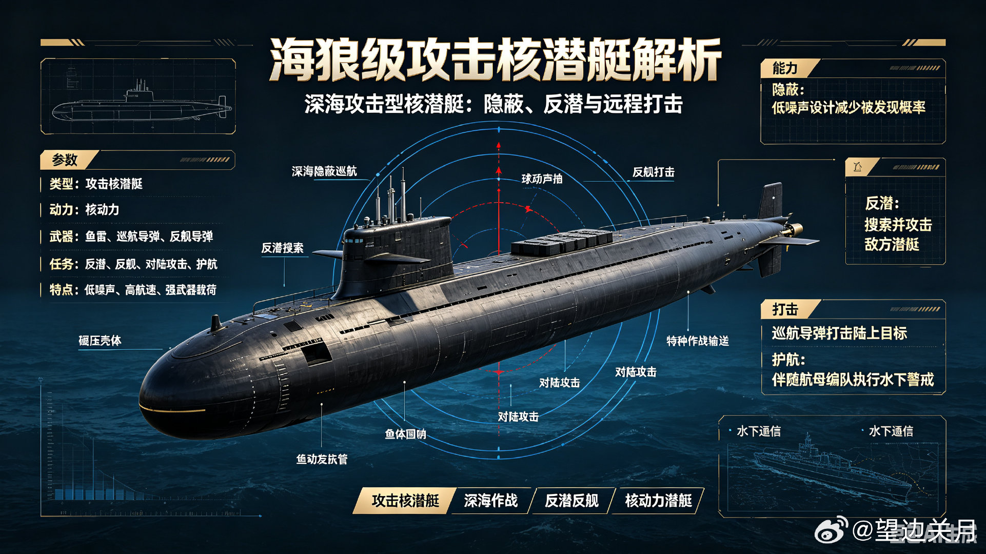 海狼级攻击核潜艇，美军深海作战平台。核动力与低噪声设计支持长时间水下巡航，可执行反潜、反舰、对陆攻击和航母编队护航任务。
 
#每天认识一件兵器##军事ai新视野##全球武器装备盘点# ​