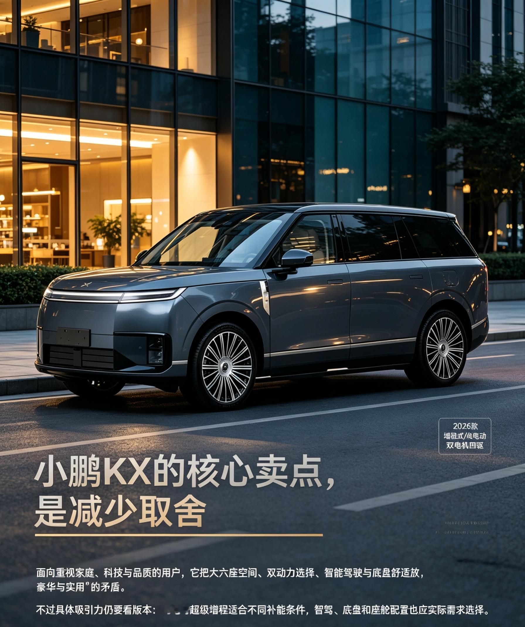 小鹏GX的核心卖点，是减少取舍。面向重视家庭、科技与品质的用户，它把大六座空间、双动力选择、智能驾驶与底盘舒适放在同一台车里，试图缓解“空间与好开”“豪华与实用”的矛盾。不过具体吸引力仍要看版本：纯电与超级增程适合不同补能条件，智驾、底盘和座舱配置也应按实际需求选择。对这类车来说，真正的卖点不是单项