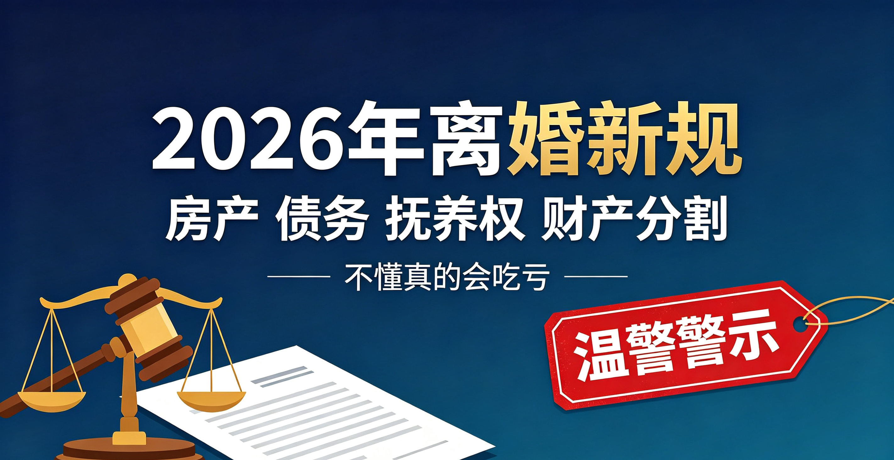2026年很多人还在用老思想、老观念看待离婚问题，殊不知今年最新司法裁判标准、财产分割规则、抚养权判定、债务认定已经全面更新。
 
很多人离婚吃亏、净身出户、背莫名债务、拿不到抚养费，根本原因就是不懂最新法律规则。
 
今天用最通俗、最接地气、法院最新实操标准，一次性讲透2026年离婚全部核心规则，