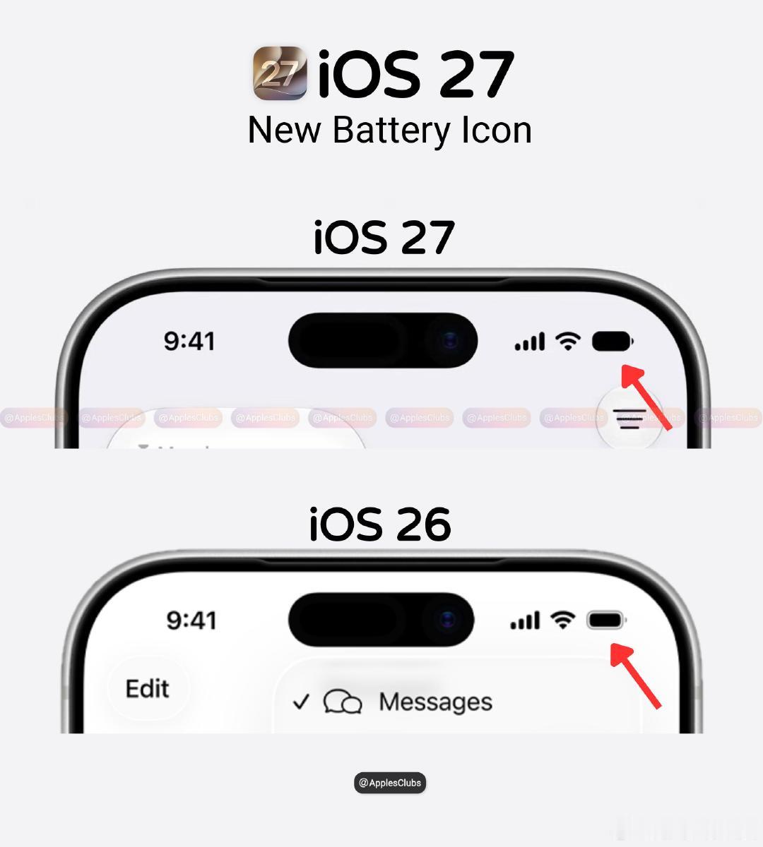 #iOS27电池图标 丑#
确实还是26的更加协调，因为其他的图标里面都有空白，到这里直接变成一大坨黑的，不过这种胖电池的小细节会影响你的使用感受吗？ ​