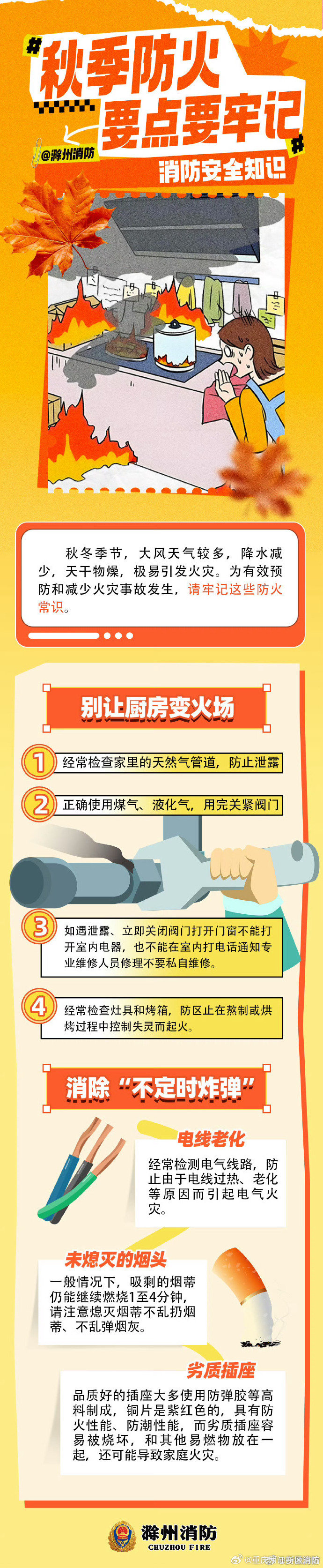 秋风起，寒意来，一个疏忽，可能让家变废墟！秋季天干物燥，火灾风险只增不减。多一份警惕，少一份侥幸，把防火意识融入日常，才能让家一直温暖又安全~戳图了解更多消防知识～#怕被闻到躲楼道吃芒果# ​