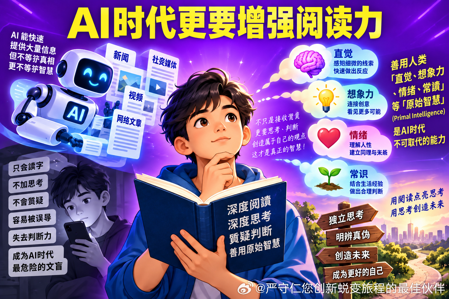 20260913【严守仁：AI时代最危险的文盲，不是不会读字，而是失去深度阅读、深度思考、质疑与判断资讯真假以及善用人类「直觉、想像力、情绪、常识」等「原始智慧」（Primal Intelligence）的能力。】

我的 AI Agent 今早𢑥整了一个我重视的趋势报导：

“OECD PISA 2025：阅读力十年跌28分，AI时代 ​