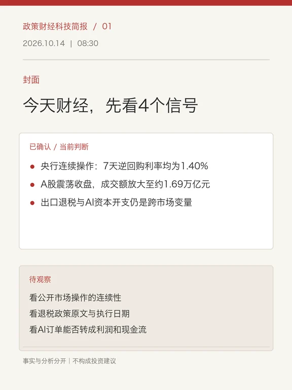 10月14日财经简报：央行逆回购、A股震荡与AI兑现