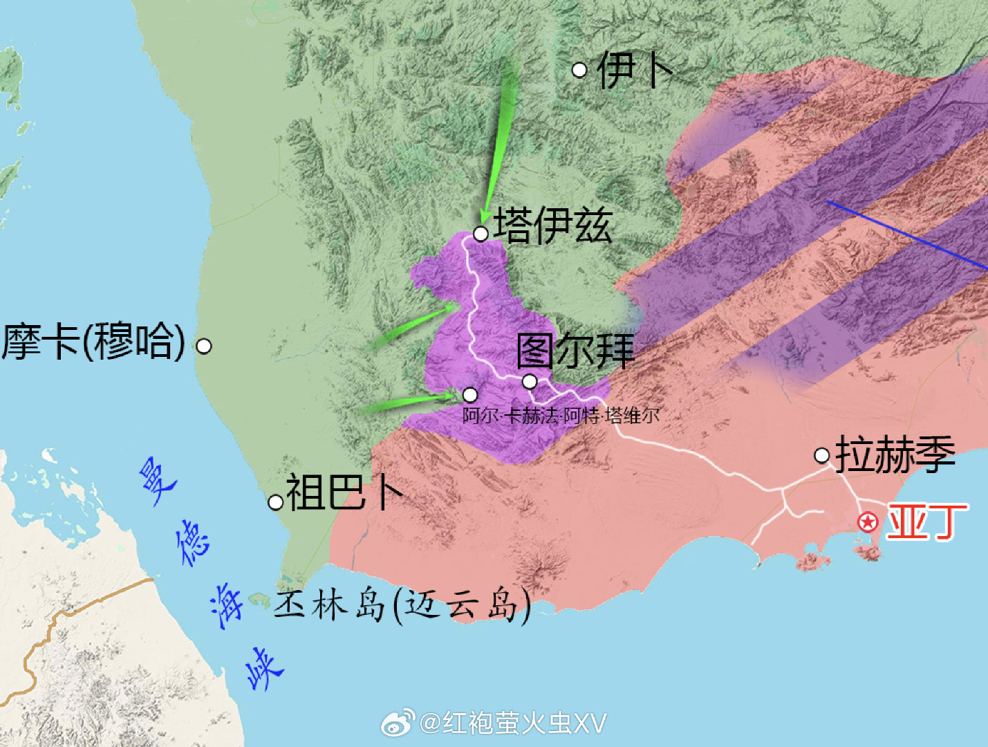 #也门内战# 政府军（PLC）控制下的塔伊兹有被包围的风险。塔伊兹至图尔拜公路是唯一一条尚未被切断的补给线。西北部，胡塞武装正准备发动新一轮进攻。 ​