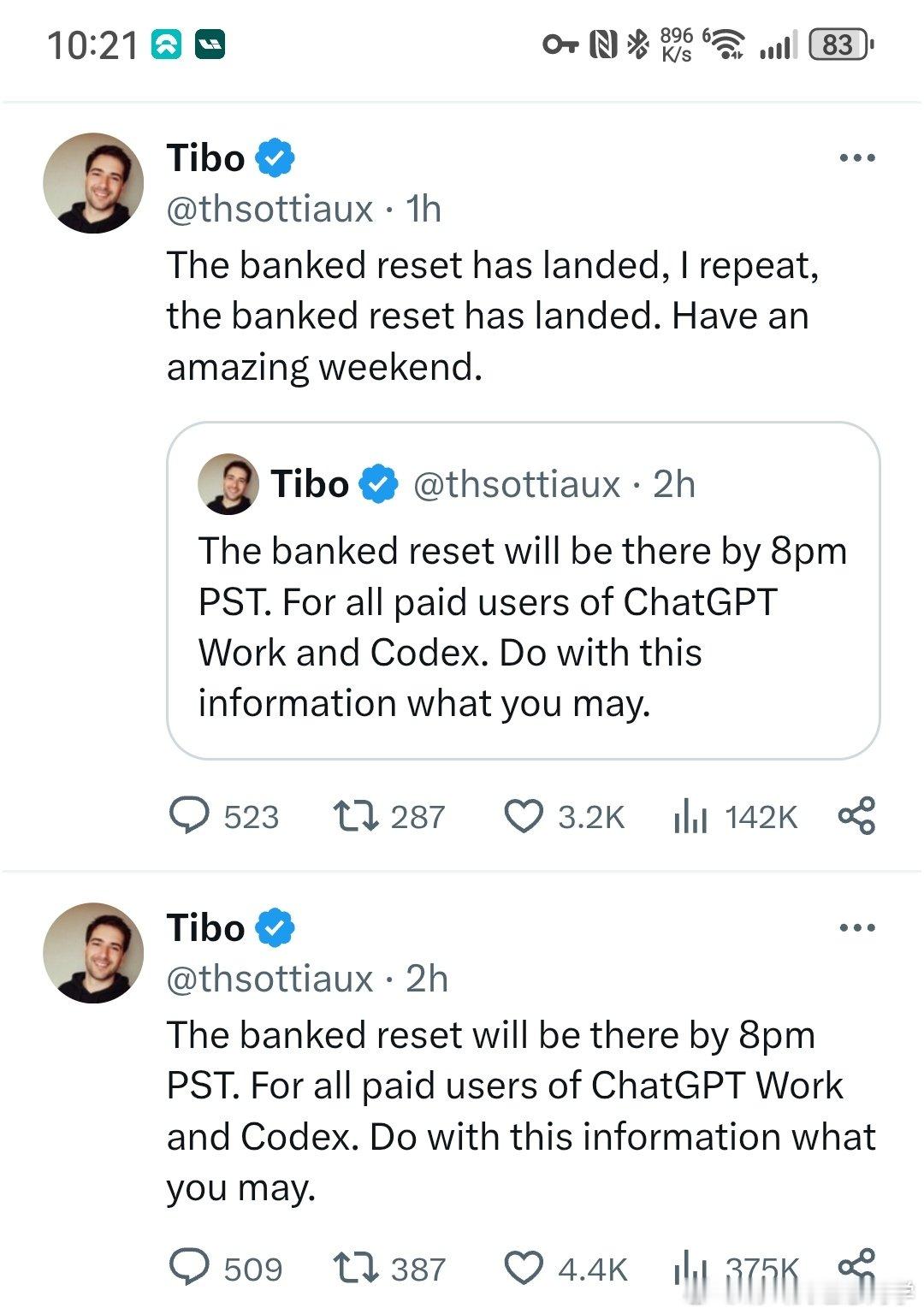 #Codex# Tibo 又要重置，大概北京时间今天 12 点左右，不过我不 care 了。[摊手][摊手] ​