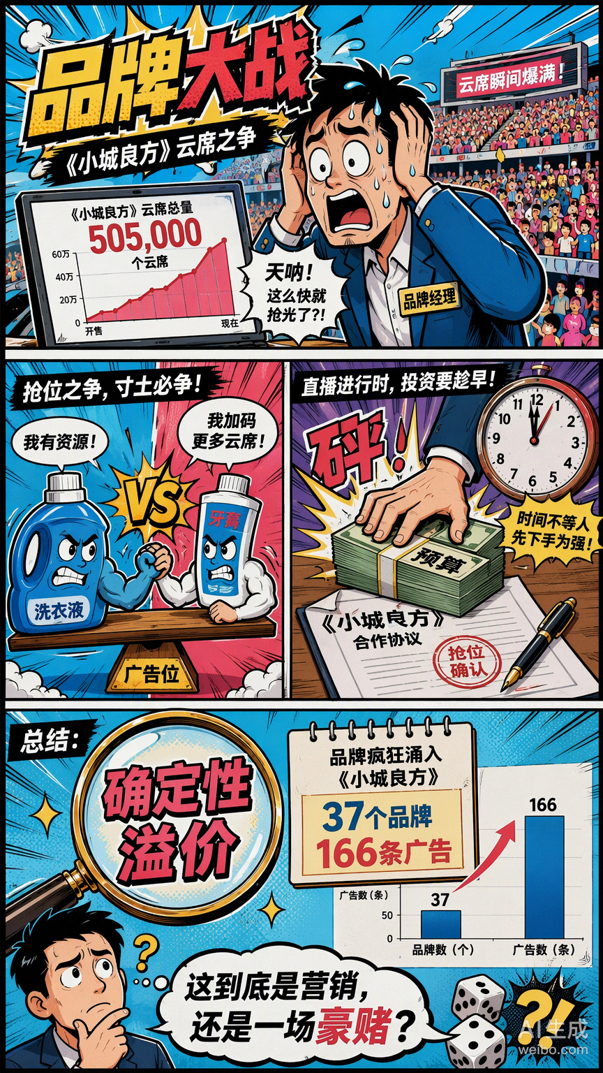 #小城良方品牌方攀比起来了#当大多数剧集还在为招商发愁时，超能、舒客这些头部玩家直接把云包场座位数推到了50.5万座，甚至出现了品牌方动用所有资源从十几个竞争者手里抢广告位的场面。这种看似疯狂的攀比，其实是市场逻辑的理性回归。

品牌方不再盲目追求广撒网的流量覆盖，而是开始为“核心资产” ​