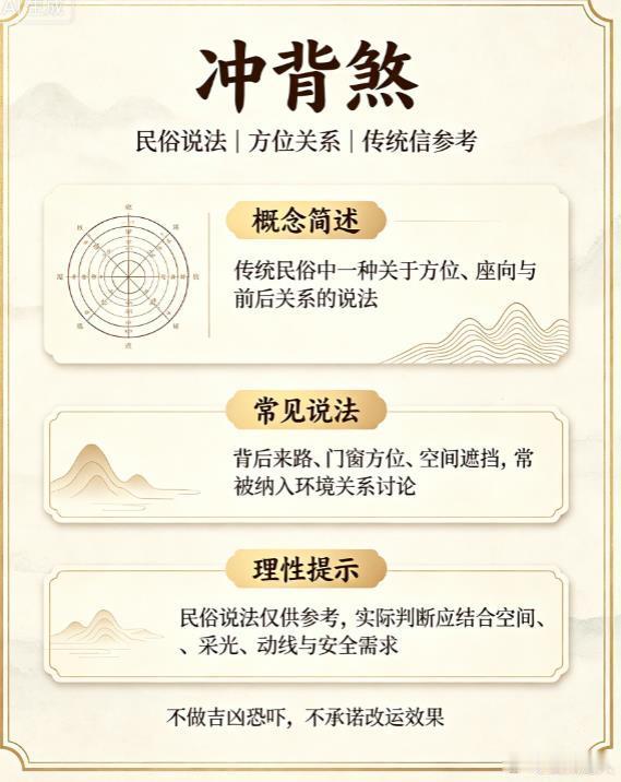 住宅风水知识冲背煞直路、直走廊、晾衣竿、小巷等，不冲前而冲后，则是冲背煞。犯冲背煞，主小人缠绕，无论如何努力，如何表现，也难以得到赏识。化解方法：（1）挂放山海镇或者九宫八卦镜，朝向煞方。八卦凸镜也可以，但凸镜不能对人家门窗，否则引起风水大战不是好事。（2）安放开光龙龟，或者开光麒麟，冲向煞方。