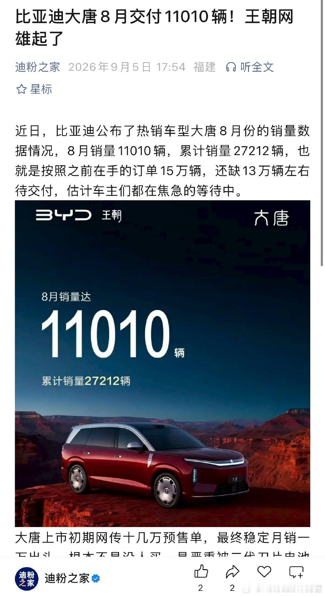 比亚迪大唐上个月交付已经破万了[并不简单] ​