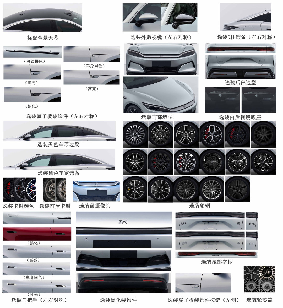 新款的比亚迪汉，（选装尾标显示叫汉08）
长：5156 宽：1969 高：1507,1492
轴距：3030
纯电版本：单电机后驱300k或245kw，双电机四驱200+320kw
插电混动：1.5T 110kw+后驱200kw ​​​​