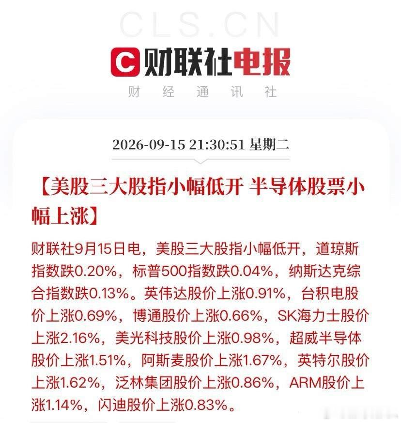 美股半导体逆势走强，A股半导体能否跟涨？

9月15日晚间，美股三大股指小幅低开，道指跌0.20%，标普500跌0.04%，纳指跌0.13%。然而半导体板块却逆势上扬，成为盘中为数不多的亮点。

个股方面，SK海力士涨2.16%领涨板块，阿斯麦涨1.67%，英特尔涨1.62%，超威半导体涨1.51%，ARM涨1.14%，美光科技涨0.98 ​