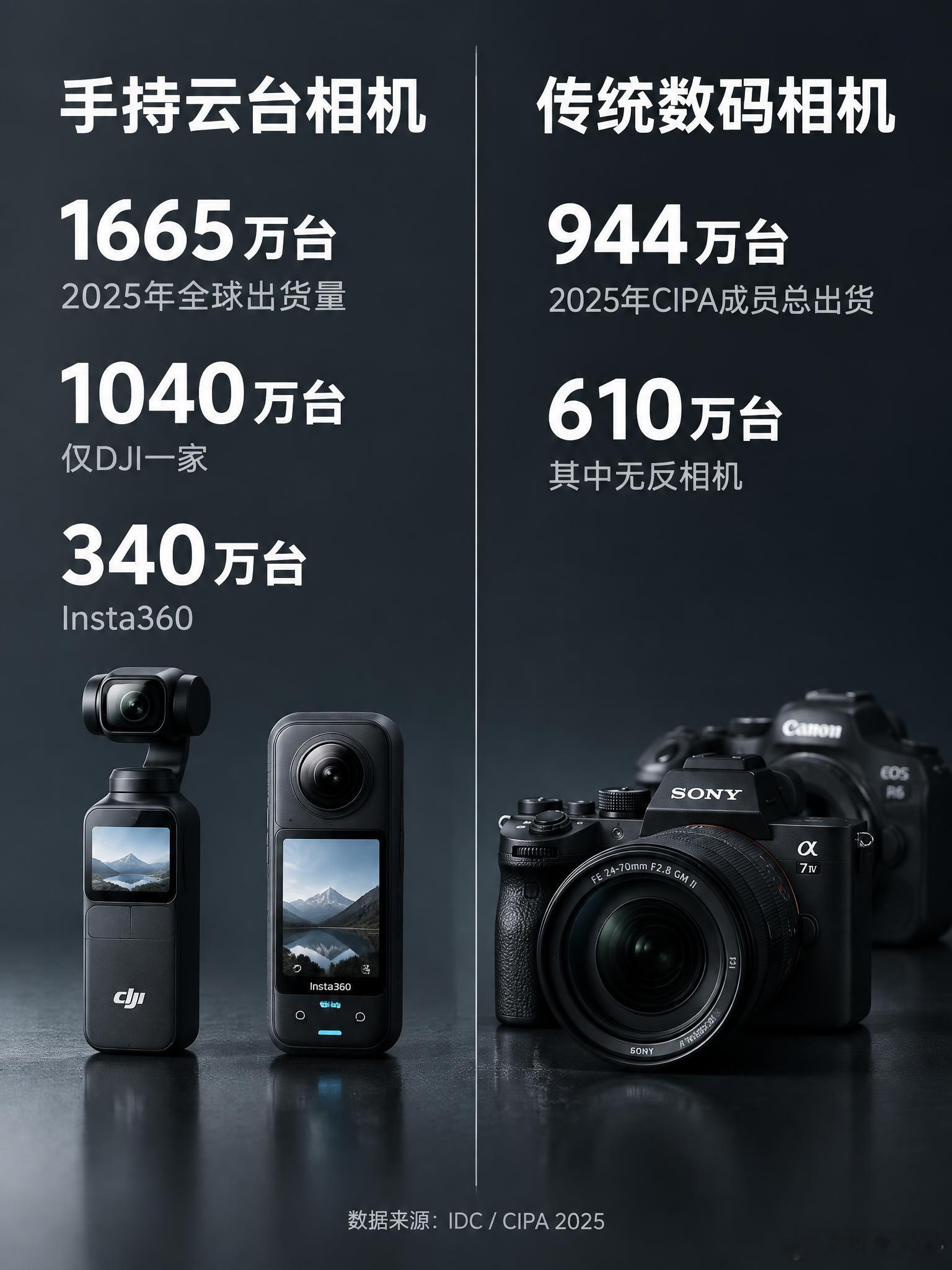 DJI一家出货量超过所有日系相机！

前天，IDC发布了2025年全球"手持智能相机"市场研究报告。
结论很直接：DJI一家的出货量，已经超过了所有日本相机厂商的总和。

先看数据👇
▪️ 2025年全球手持智能相机出货量：1665万台 
▪️ 同比增长：83% 
▪️ 总销售额：超460亿元人民币 
▪️ DJI单独出货： ​