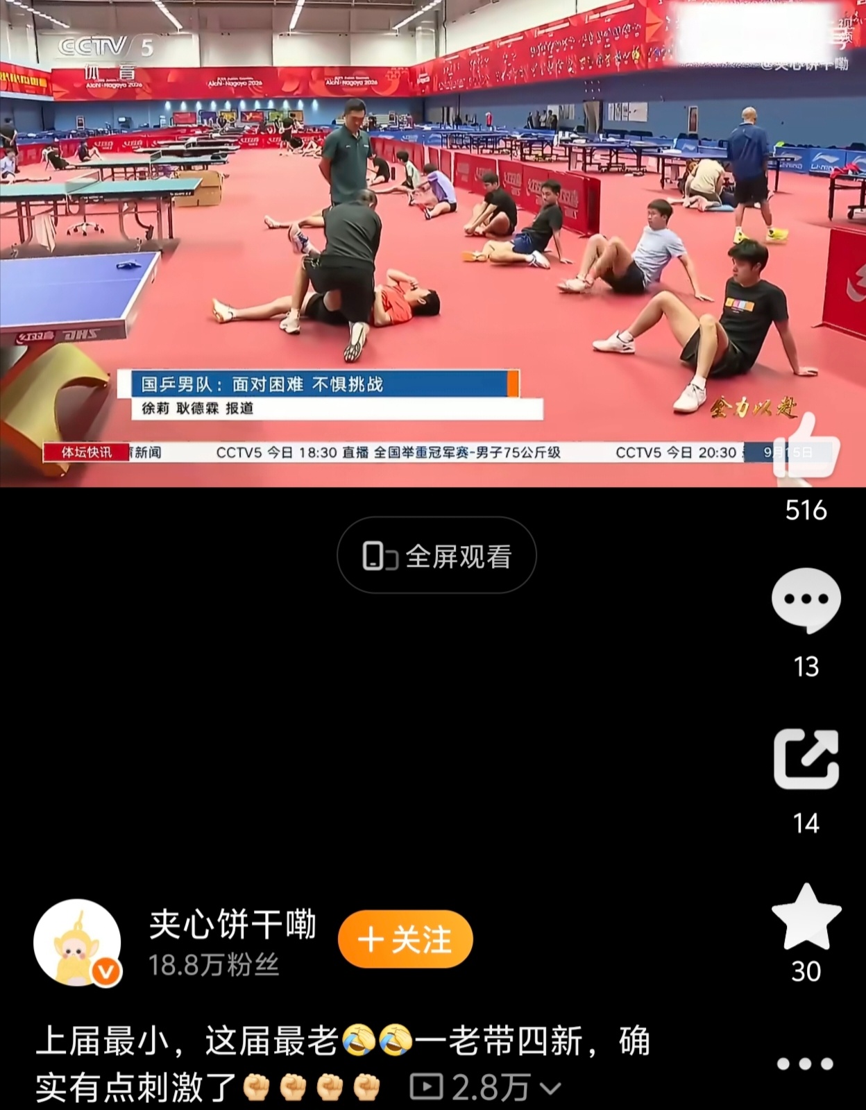 #王楚钦领衔一老带四新阵容#名古屋亚运会国乒男团阵容一出，不少人感慨时代交接。全队仅有王楚钦拥有亚运大赛经验，林诗栋、向鹏、温瑞博、黄友政四人都是亚运首秀，典型的“一老带四新”。曾经冲锋在前的少年，如今成了队伍的定海神针，身兼三项重任，既要全力争金，也要稳住军心、托举新人。
 
这一 ​