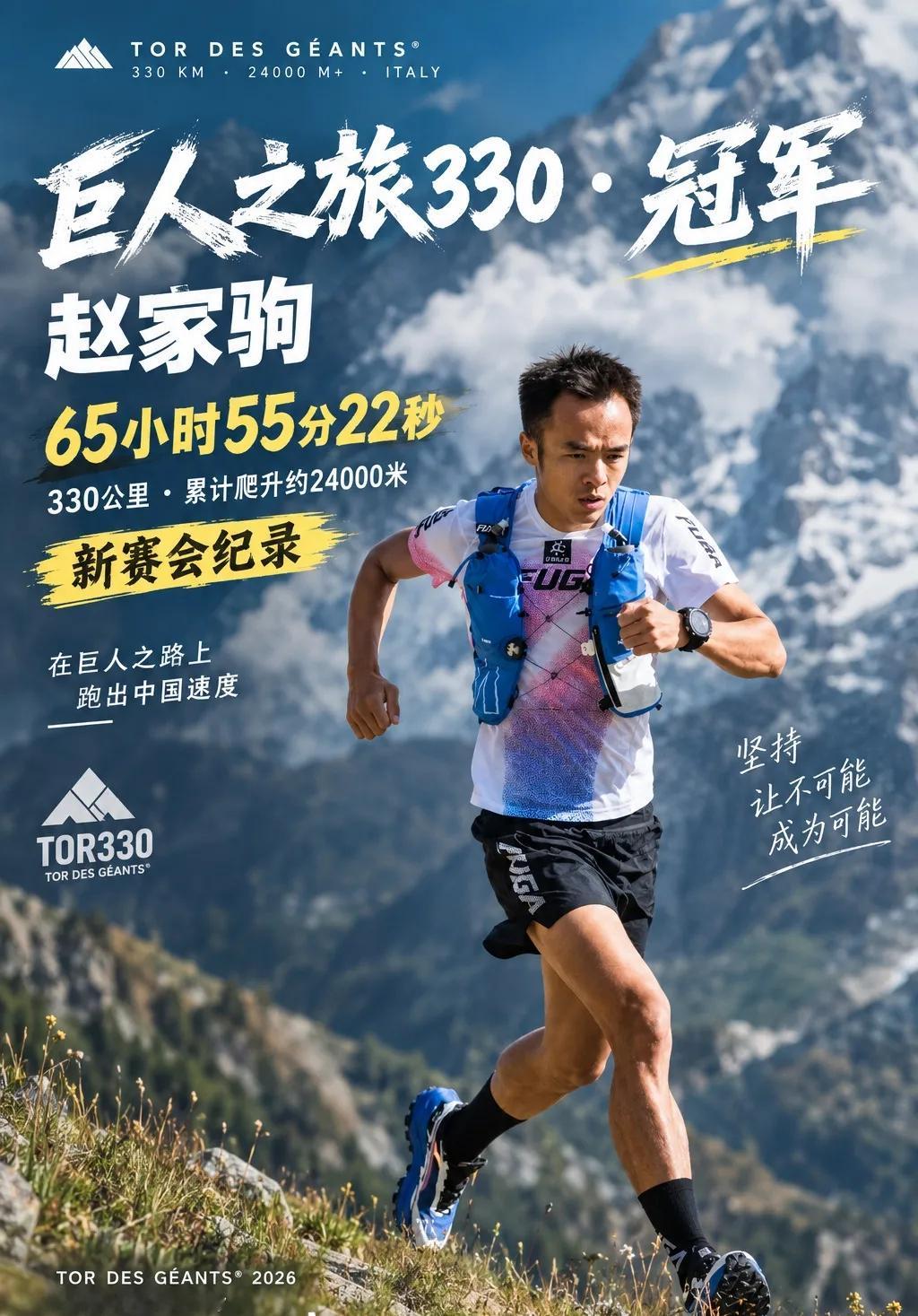 历史性突破！赵家驹65小时55分夺冠巨人之旅，打破赛道纪录，成赛事首位中国冠军
 
北京时间9月16日，意大利“巨人之旅”330公里越野赛落下帷幕。中国选手赵家驹以65小时55分22秒冲线夺冠，将原66小时08分22秒的赛道纪录刷新13分钟，成为这项世界顶级超长越野赛事创办以来，第一位中国籍冠军 。