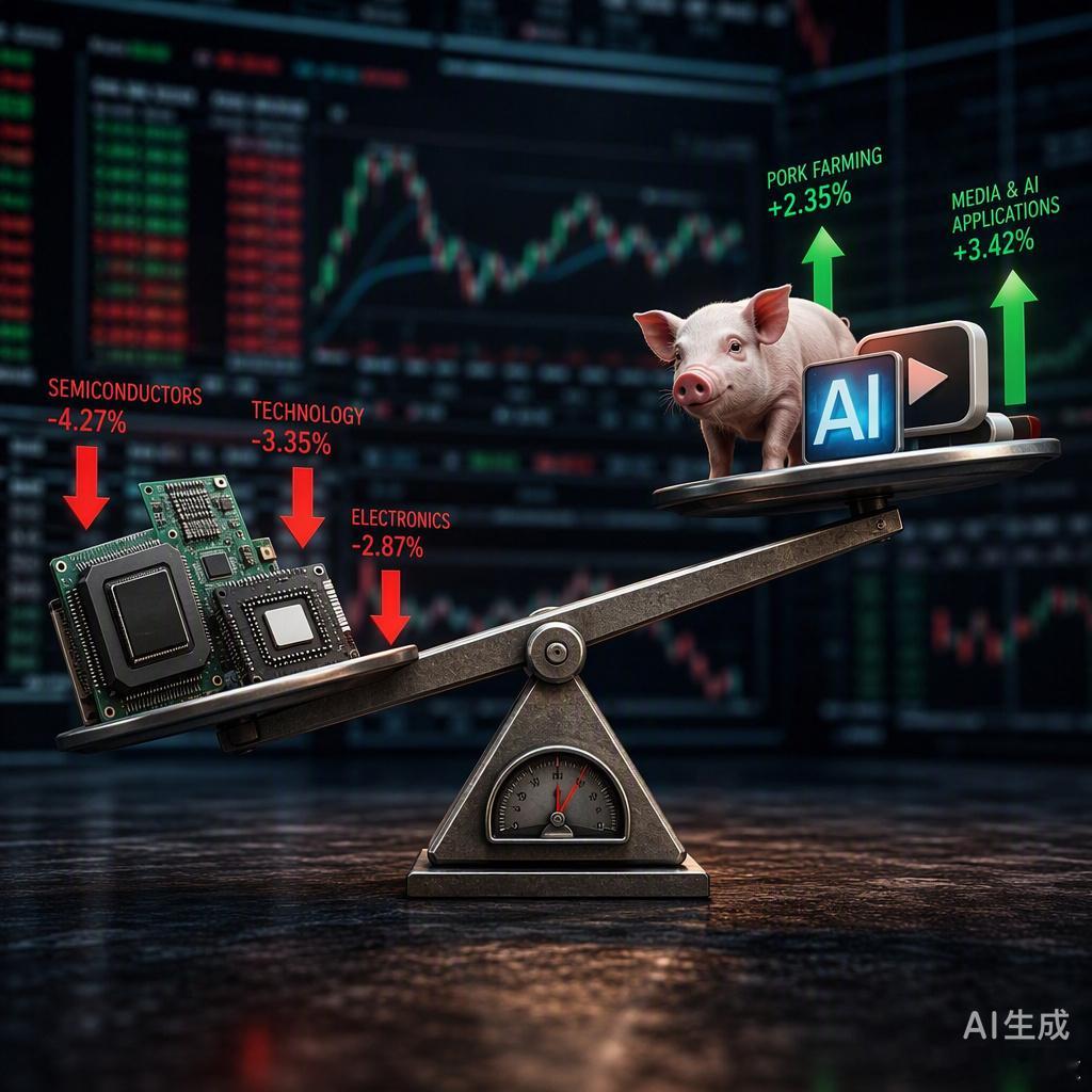 今天这2.03万亿的成交额，看着热闹，实则暗流涌动。放量2718亿却没换来指数红盘，反而收出一根带上影线的阴线，科创50更是重挫超2%。这说明什么？说明这多出来的钱，不是场外新军进场抄底，而是场内资金在疯狂“换防”。

之前抱团紧密的半导体、存储芯片成了抛压重灾区，主力资金借着高开的窗口加速兑 ​