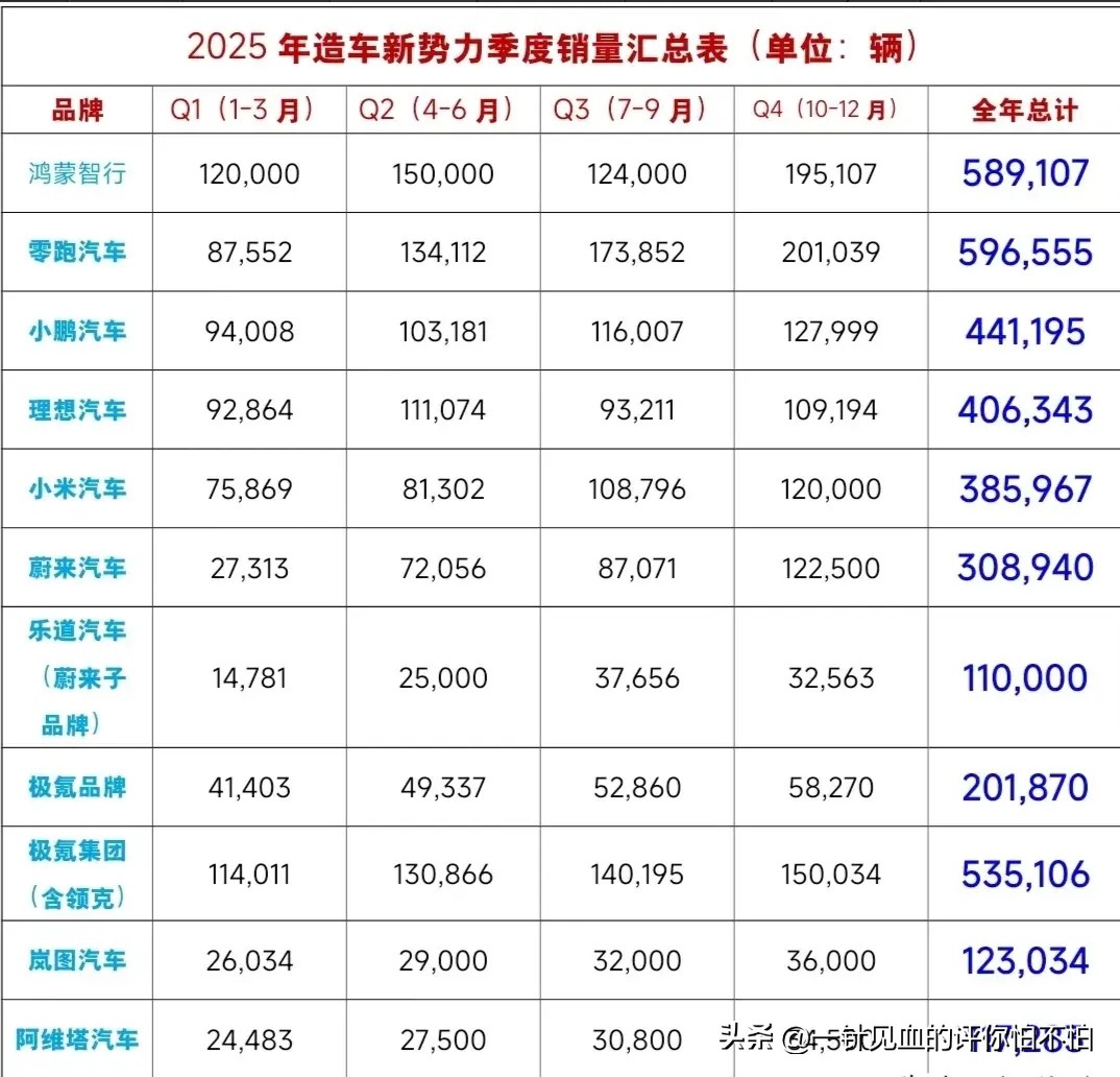 新年初始，万象更新。多家新势力车企公布了2025年度车辆销售汇总。我本...