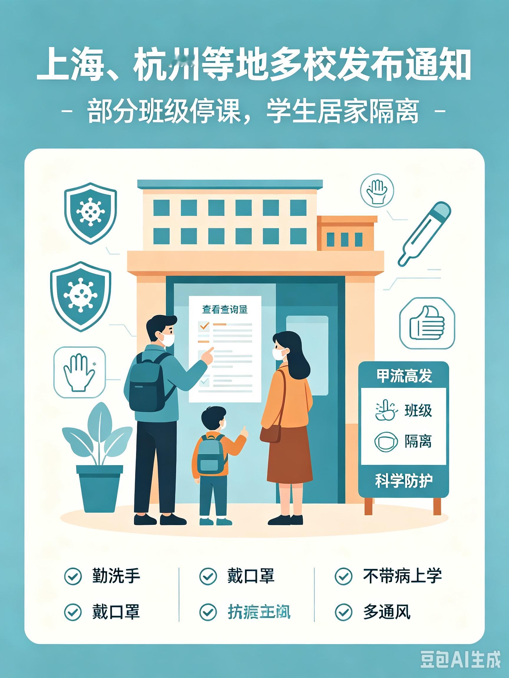 居家隔离！班级停课！上海、杭州等地多所学校发布通知

开学没多久，不少地区校园流感进入高发期，上海、杭州等多地学校陆续发布通知，部分班级需要居家隔离，牵动不少家长的心。

有上海家长在社交平台发帖求助，一早收到通知，孩子所在班级全班居家隔离。到下午才了解到，班里一半孩子都因为甲流请了病假。短时间内多